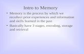 Intro to Memory Memory is the process by which we recollect prior experiences and information and skills learned in the past Basically have 3 stages,