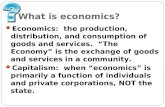 What is economics? Economics: the production, distribution, and consumption of goods and services. “The Economy” is the exchange of goods and services.