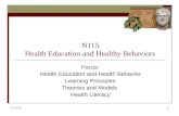 25/10/20151 N115 Health Education and Healthy Behaviors Focus: Health Education and Health Behavior Learning Principles Theories and Models Health Literacy.