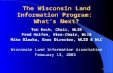 1 The Wisconsin Land Information Program: What’s Next? Ted Koch, Chair, WLIB Fred Halfen, Vice-Chair, WLIB Mike Blaska, Exec Director, WLIB & WLC Wisconsin.