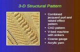 3-D Structural Pattern Combined jacquard purl and raised effect pattern CAD pattern V-bed machine with sinkers Coarse gauge Acrylic yarn.