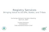 Registry Services Bringing Value to US EPA, States, and Tribes Exchange Network Vendors Meeting April 24, 2007 Cynthia Dickinson EPA/OEI/OIC Data Standards.