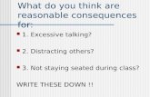 What do you think are reasonable consequences for: 1. Excessive talking? 2. Distracting others? 3. Not staying seated during class? WRITE THESE DOWN !!