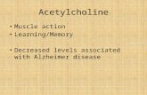 Acetylcholine Muscle action Learning/Memory Decreased levels associated with Alzheimer disease.