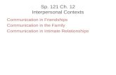 Sp. 121 Ch. 12 Interpersonal Contexts Communication in Friendships Communication in the Family Communication in Intimate Relationships.