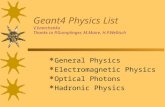 Geant4 Physics List V.Ivanchenko Thanks to P.Gumplinger, M.Maire, H.P.Wellisch  General Physics  Electromagnetic Physics  Optical Photons  Hadronic.
