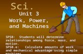 P. Sci. Unit 3 Work, Power, and Machines SPS8: Students will determine relationships among force, mass, and motion. SPS8.e: Calculate amounts of work and.