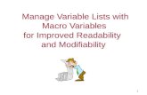 Manage Variable Lists with Macro Variables 1 for Improved Readability and Modifiability.