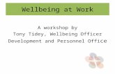 Wellbeing at Work A workshop by Tony Tidey, Wellbeing Officer Development and Personnel Offi ce.