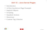 Java Stream 1 Unit 10 – Java Server Pages Introduction A First JavaServer Page Example Implicit Objects Scripting Standard Actions Directives Custom Tag.