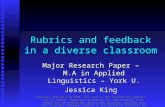 Rubrics and feedback in a diverse classroom Major Research Paper – M.A in Applied Linguistics – York U. Jessica King Copyright Jessica King 2010. This.