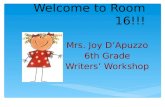 Welcome to Room 16!!! Mrs. Joy D’Apuzzo 6th Grade Writers’ Workshop.