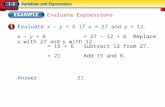 Evaluate Expressions Evaluate x – y + 6 if x = 27 and y = 12. x – y + 6 = 27 – 12 + 6Replace x with 27 and y with 12. Answer: 21 = 15 + 6Subtract 12 from.