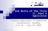 Nuts and Bolts of the Title II, Part A Application Virginia Department of Education Coordinators’ Academy July 22 – July 24, 2015 2015 Coordinators' Academy.