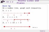 Geometry CH 1-2 Points Lines and Planes Warm Up On a number line, graph each inequality. 1. x ≥ 3 2. 2 ≤ x ≤ 6 3. x 0 -2024 0246 01 P15 # 1-
