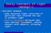 Early Concepts of Light (Wrong!!) Ancient Greece –Some believed light consisted of particles that entered the eye to produce sight –Plato & Socrates believed.