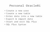 Personal Oracle8i Create a new user Create a new table Enter data into a new table Export & import data Start and exit SQL Plus SQL Plus Syntax.