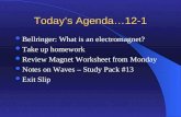 Today’s Agenda…12-1 Bellringer: What is an electromagnet? Take up homework Review Magnet Worksheet from Monday Notes on Waves – Study Pack #13 Exit Slip.