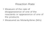 Reaction Rate Measure of the rate of disappearance of one of the reactants or appearance of one of the products Measured as Molarity/time (M/s)