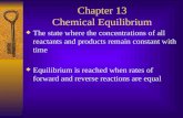 Chapter 13 Chemical Equilibrium  The state where the concentrations of all reactants and products remain constant with time  Equilibrium is reached.