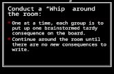 Conduct a “Whip” around the room: One at a time, each group is to put up one brainstormed tardy consequence on the board. Continue around the room until.