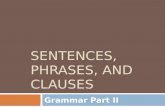 SENTENCES, PHRASES, AND CLAUSES Grammar Part II. Part 1: Sentences  A Sentence is a group of words that make a complete idea.  Sentences are made up.