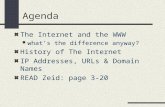 Agenda The Internet and the WWW what’s the difference anyway? History of The Internet IP Addresses, URLs & Domain Names READ Zeid: page 3-20.