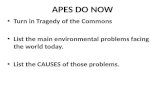 APES DO NOW Turn in Tragedy of the Commons List the main environmental problems facing the world today. List the CAUSES of those problems.