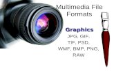 Multimedia File FormatsGraphics JPG, GIF, TIF, PSD, WMF, BMP, PNG, RAW.