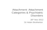 Attachment: Attachment Categories & Psychiatric Disorders 30 th Nov 2012 Dr Helen Brotherton.