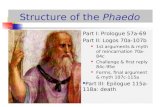 Structure of the Phaedo Part I: Prologue 57a-69 Part II: Logos 70a-107b 1st arguments & myth of reincarnation 70a-84c Challenge & first reply 84c-95e Forms,