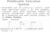 Predicate Calculus Syntax Countable set of predicate symbols, each with specified arity  0. For example: clinical data with multiple tables of patient.