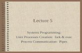Lecture 5 Systems Programming: Unix Processes Creation: fork & exec Process Communication: Pipes.