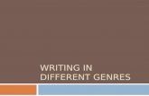 WRITING IN DIFFERENT GENRES. Genre?  The denotation of the word genre is  (noun) a class or category of artistic endeavor having a particular form,