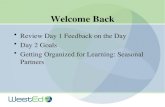 Welcome Back Review Day 1 Feedback on the Day Day 2 Goals Getting Organized for Learning: Seasonal Partners.