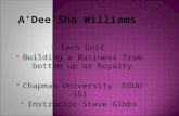 A’Dee’Sha Williams  Tech Unit  Building a Business from bottom up or Royalty  Chapman University: EDUU 551  Instructor Steve Gibbs.