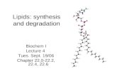 Lipids: synthesis and degradation Biochem I Lecture 4 Tues. Sept. 19/06 Chapter 22.0-22.2, 22.4, 22.6.