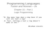 Programming Languages Tucker and Noonan – 2e Chapter 15 – Part 1 Logic Programming “Q: How many legs does a dog have if you call its tail a leg? A: Four.