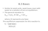 8.3 Bases Similar to weak acids, weak bases react with water to a solution of ions at equilibrium. The general equation is: B (aq) + H 2 O (l)  HB + (aq)
