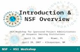 NSF – HSI Workshop 1 Introduction & NSF Overview NSF Workshop for Sponsored Project Administrators at Hispanic Serving Institutions April 13, 2007- Miami,