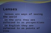 Lenses are ways of seeing the world in the arts they are referred to as perspectives in English they are referred to as points of view.