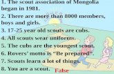 1. The scout association of Mongolia began in 1981. 2. There are more than 8000 members, boys and girls. 3. 17-25 year old scouts are cubs. 4. All scouts.