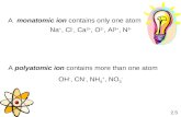 A monatomic ion contains only one atom A polyatomic ion contains more than one atom 2.5 Na +, Cl -, Ca 2+, O 2-, Al 3+, N 3- OH -, CN -, NH 4 +, NO 3 -