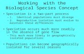 Working with the Biological Species Concept Speciation is a two-part process –1. Identical populations must diverge –2. Reproductive isolation must evolve.