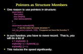 Pointers as Structure Members u One reason to use pointers in structure: struct book { float price; char title[50]; char abstract[5000]; }; …… struct book.