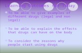 Learning Outcomes for Today To be able to give examples of different drugs (legal and non legal) To be able to explain the effects that drugs can have.