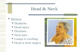 Head & Neck ï· History Headache Head injury Dizziness Neck pain Lumps or swelling Head or neck surgery