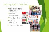 Shaping Public Opinion  How do we form opinions?  Personal Background  The Mass Media  Public Officials  Interest Groups.