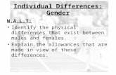 Individual Differences: Gender W.A.L.T: Identify the physical differences that exist between males and females. Explain the allowances that are made in.