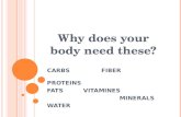 W HY DOES YOUR BODY NEED THESE ? CARBS FIBER PROTEINS FATSVITAMINES MINERALS WATER.